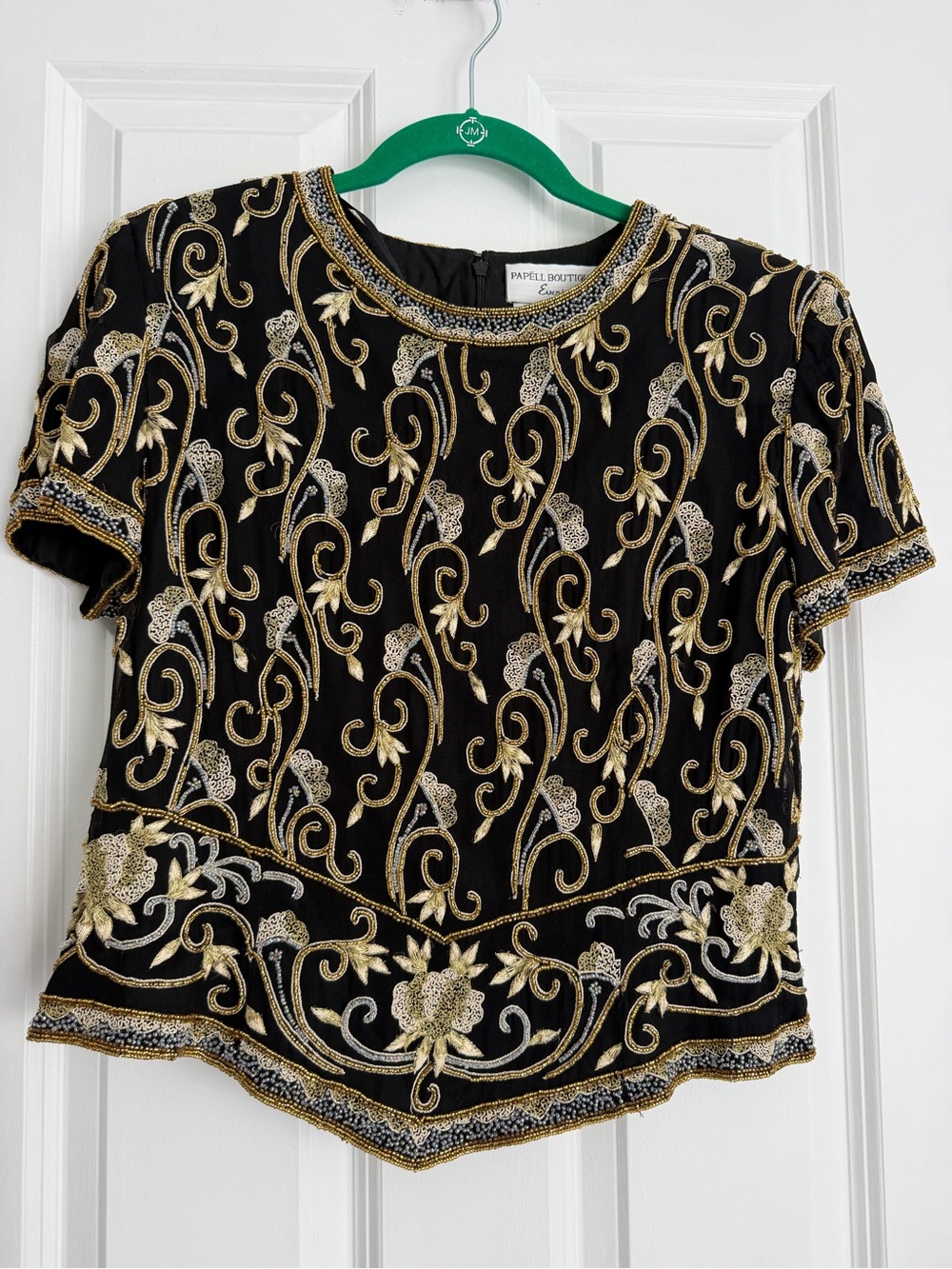 Papiel Boutique Vintage Beaded Short Sleeve Top Black Gold Beading Large Petite